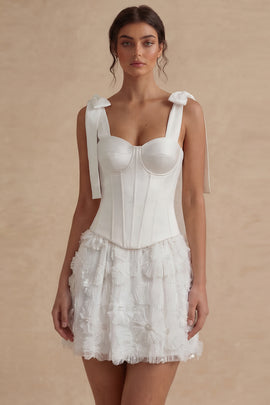 Corset Beaded A Line Floral Short White Wedding Dress with Bow