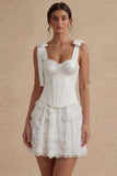Corset Beaded A Line Floral Short White Wedding Dress with Bow