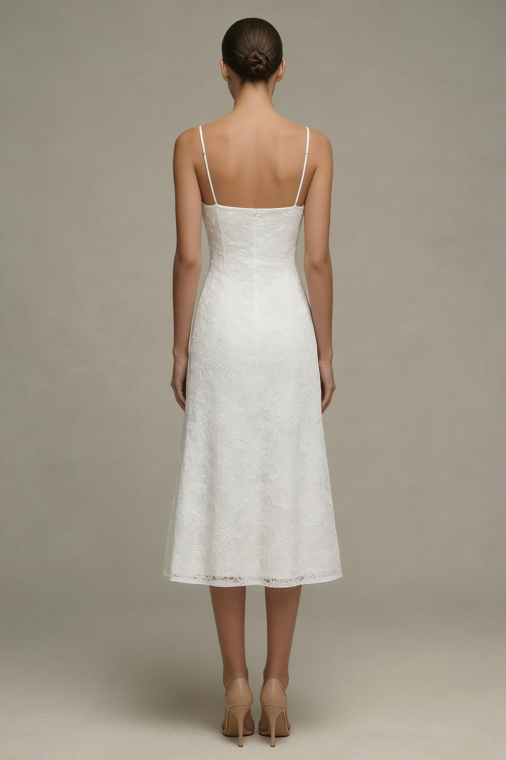 A Line Floral Spaghetti Straps Midi White Boho Wedding Dress