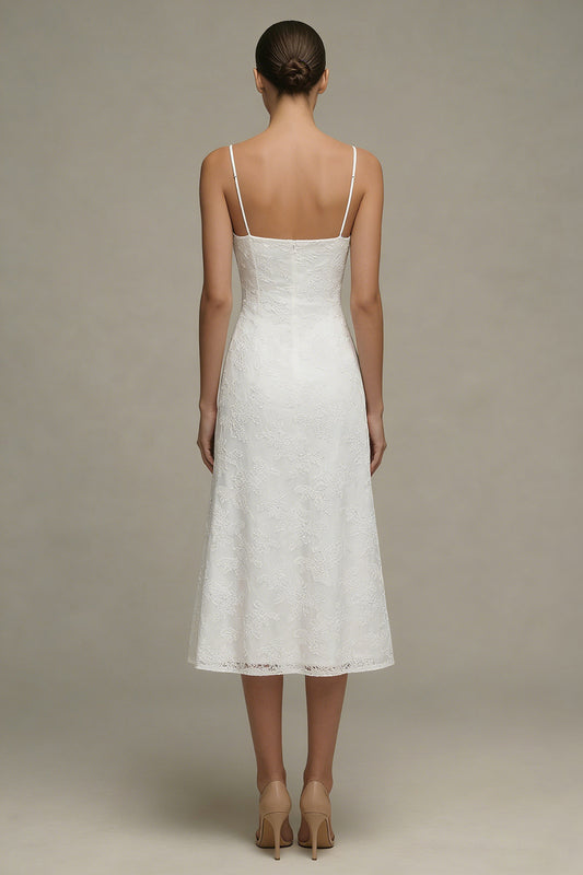 A Line Floral Spaghetti Straps Midi White Boho Wedding Dress