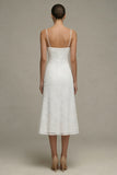 A Line Floral Spaghetti Straps Midi White Boho Wedding Dress