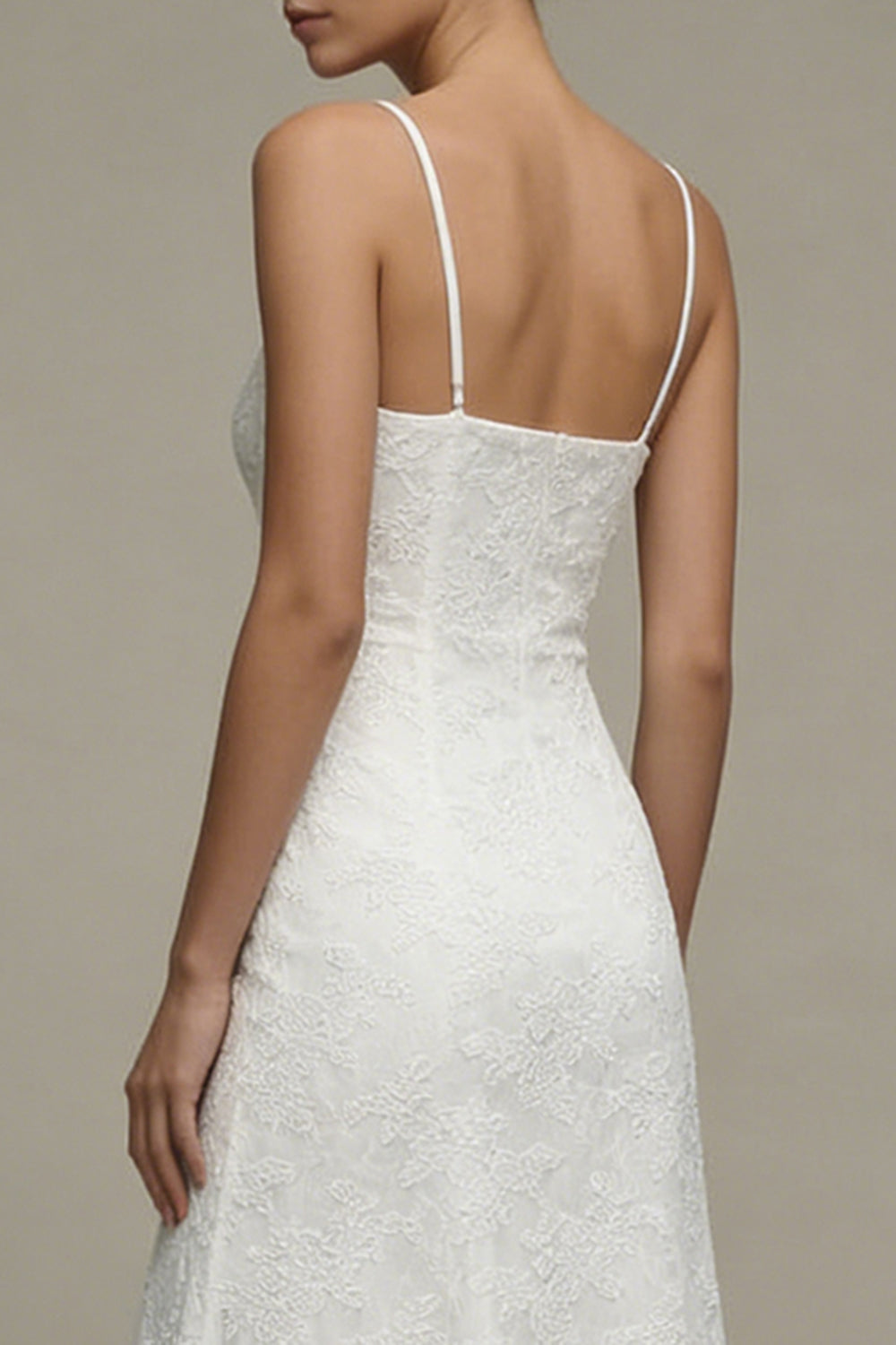 A Line Floral Spaghetti Straps Midi White Boho Wedding Dress