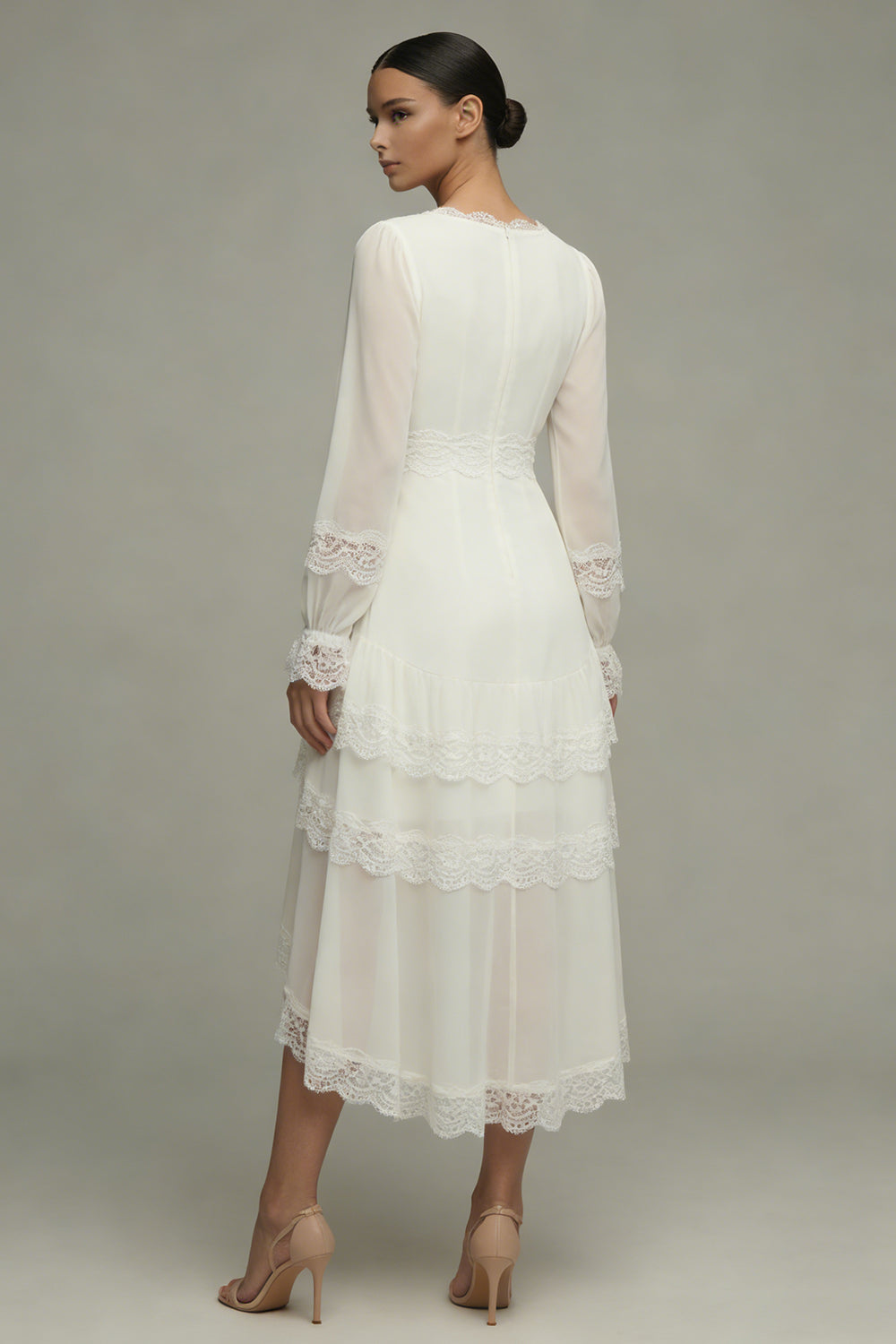White A Line V-Neck Asymmetrical Ruffled Beach Wedding Dress with Lace