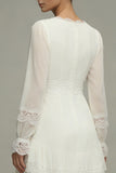 White A Line V-Neck Asymmetrical Ruffled Beach Wedding Dress with Lace