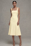 Square Neck Midi White A Line Beach Wedding Dress