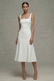 Square Neck Midi White A Line Beach Wedding Dress