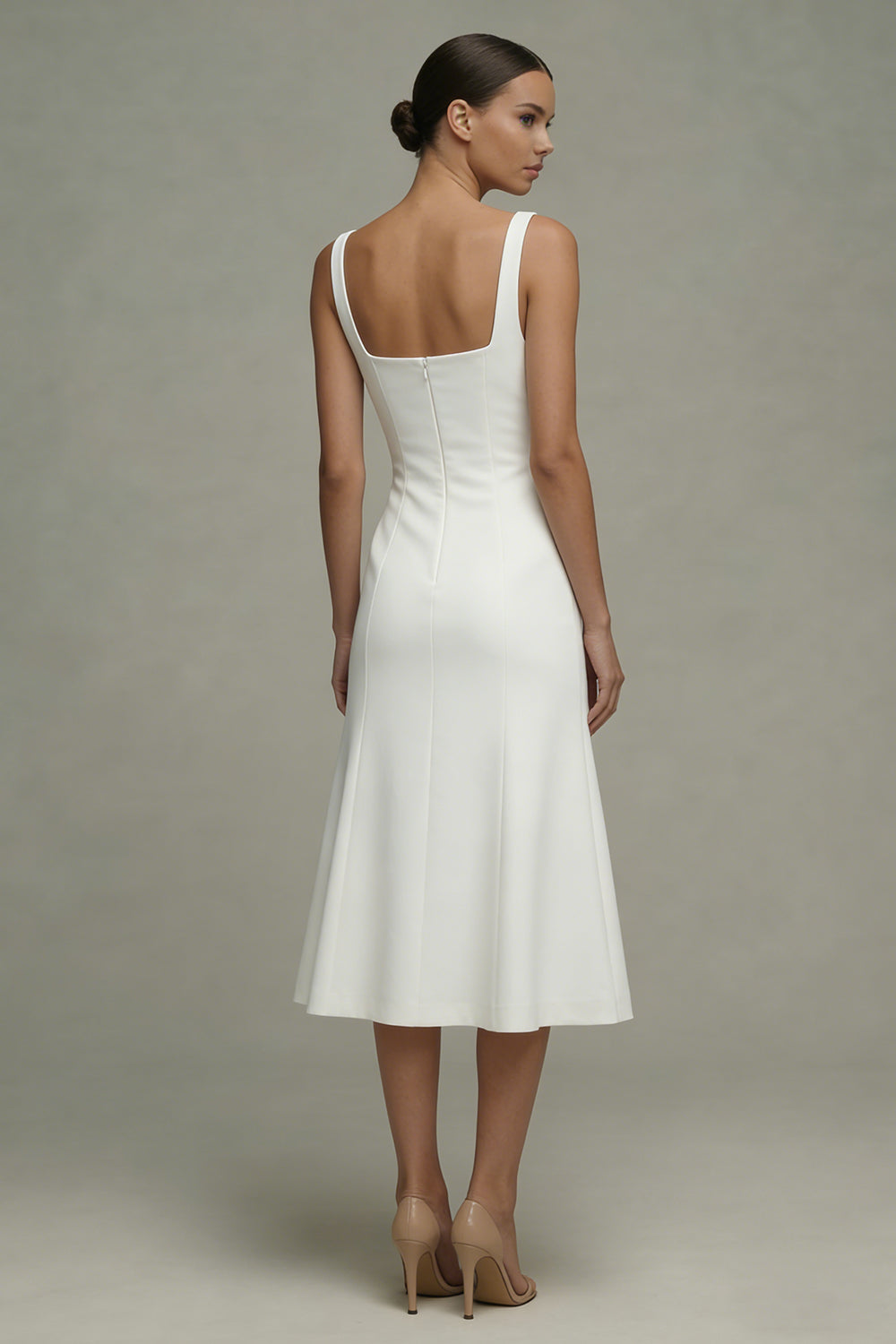 Square Neck Midi White A Line Beach Wedding Dress