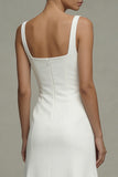 Square Neck Midi White A Line Beach Wedding Dress