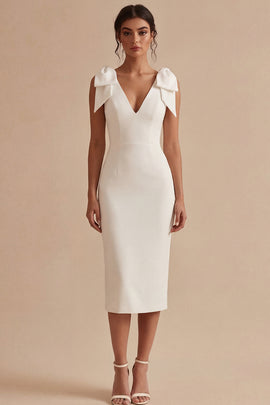 Bodycon Midi V-Neck White Beach Wedding Dress with Bow