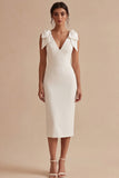 Bodycon Midi V-Neck White Beach Wedding Dress with Bow