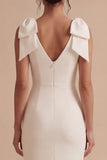 Bodycon Midi V-Neck White Beach Wedding Dress with Bow