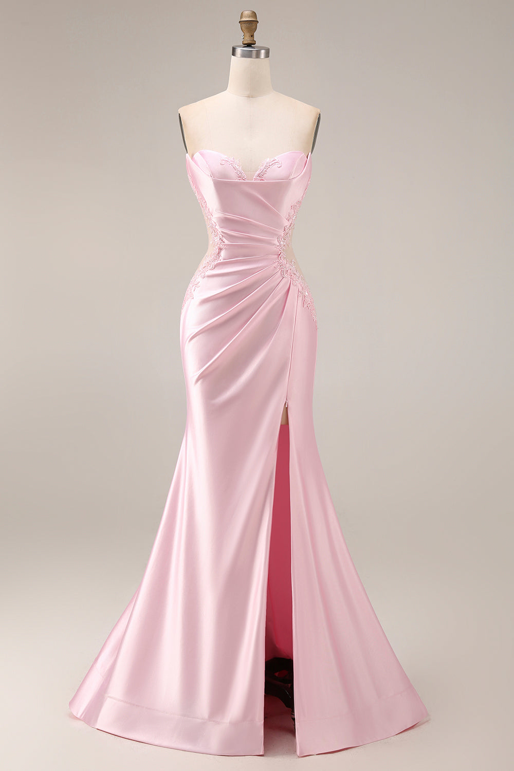 Long Strapless Ruched Pink Mermaid Prom Dress with Slit