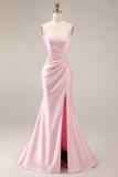 Long Strapless Ruched Pink Mermaid Prom Dress with Slit