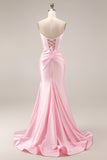 Long Strapless Ruched Pink Mermaid Prom Dress with Slit