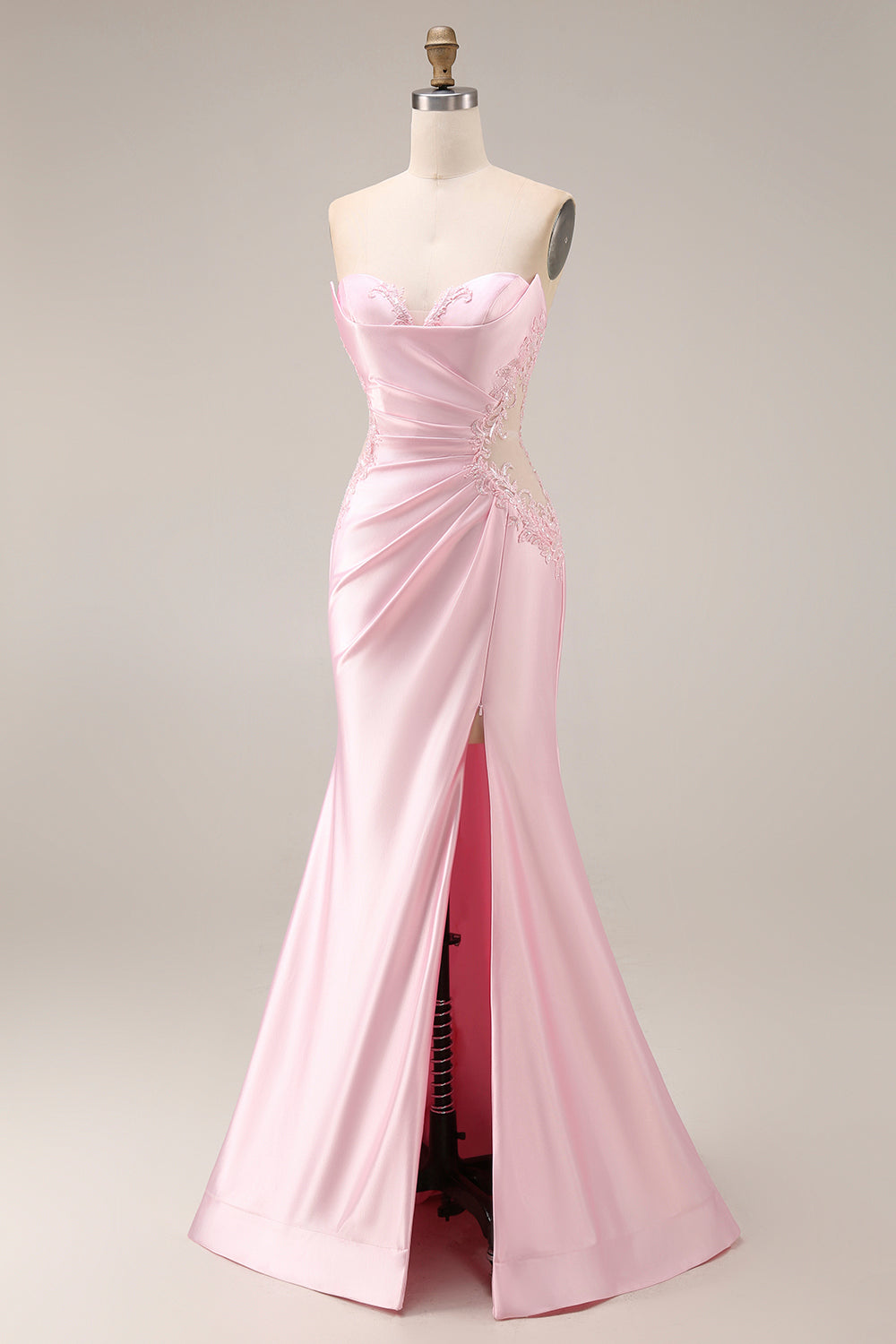 Long Strapless Ruched Pink Mermaid Prom Dress with Slit