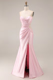 Long Strapless Ruched Pink Mermaid Prom Dress with Slit
