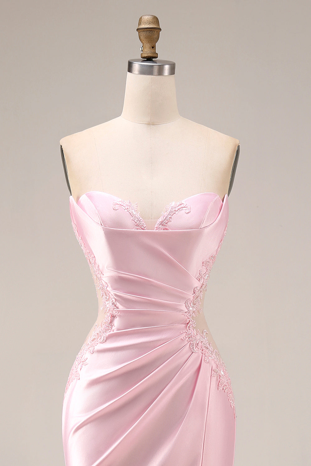 Long Strapless Ruched Pink Mermaid Prom Dress with Slit