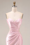 Long Strapless Ruched Pink Mermaid Prom Dress with Slit