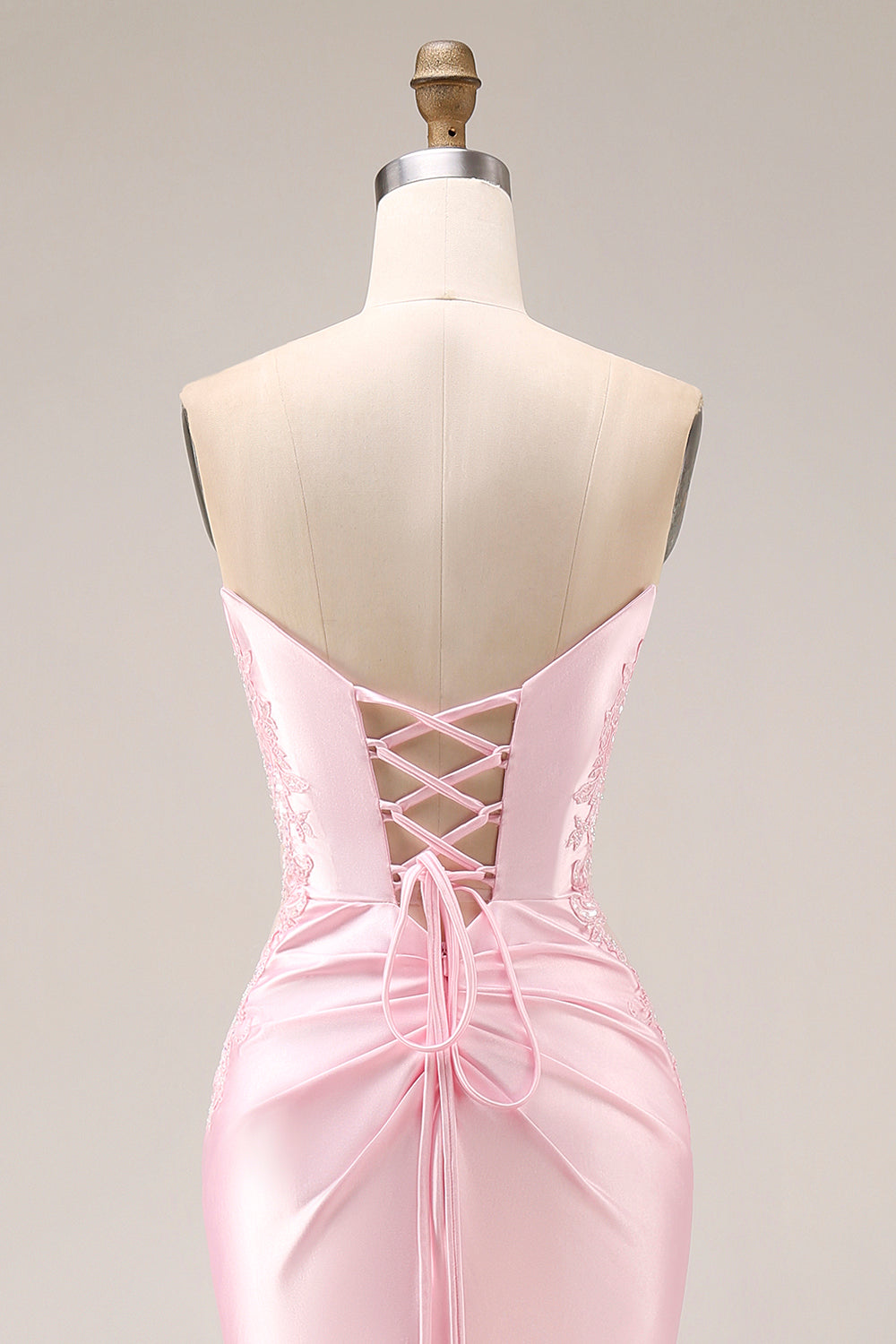 Long Strapless Ruched Pink Mermaid Prom Dress with Slit