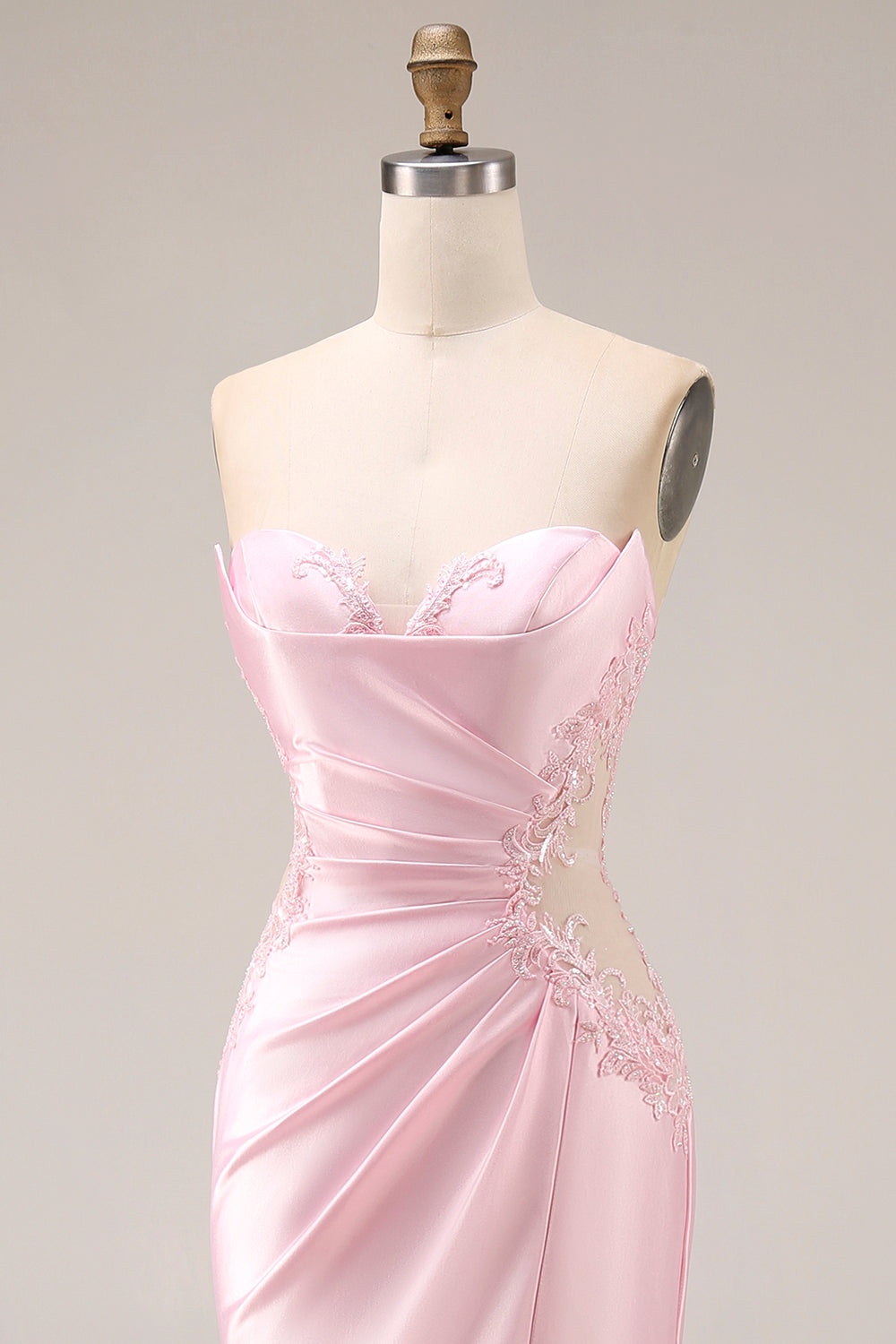Long Strapless Ruched Pink Mermaid Prom Dress with Slit