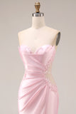 Long Strapless Ruched Pink Mermaid Prom Dress with Slit