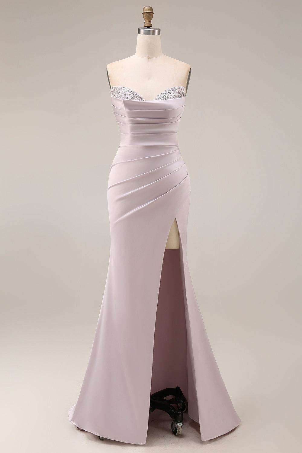 Light purple Long Beaded Strapless Ruched Mermaid Prom Dress with Slit