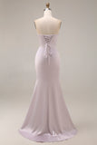 Light purple Long Beaded Strapless Ruched Mermaid Prom Dress with Slit