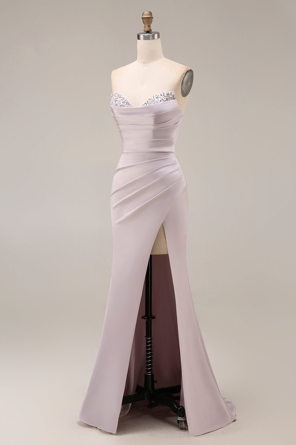 Light purple Long Beaded Strapless Ruched Mermaid Prom Dress with Slit