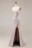 Light purple Long Beaded Strapless Ruched Mermaid Prom Dress with Slit
