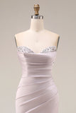 Light purple Long Beaded Strapless Ruched Mermaid Prom Dress with Slit