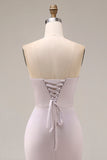 Light purple Long Beaded Strapless Ruched Mermaid Prom Dress with Slit