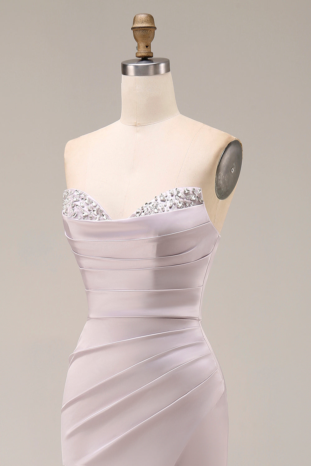 Light purple Long Beaded Strapless Ruched Mermaid Prom Dress with Slit