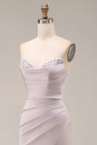 Light purple Long Beaded Strapless Ruched Mermaid Prom Dress with Slit