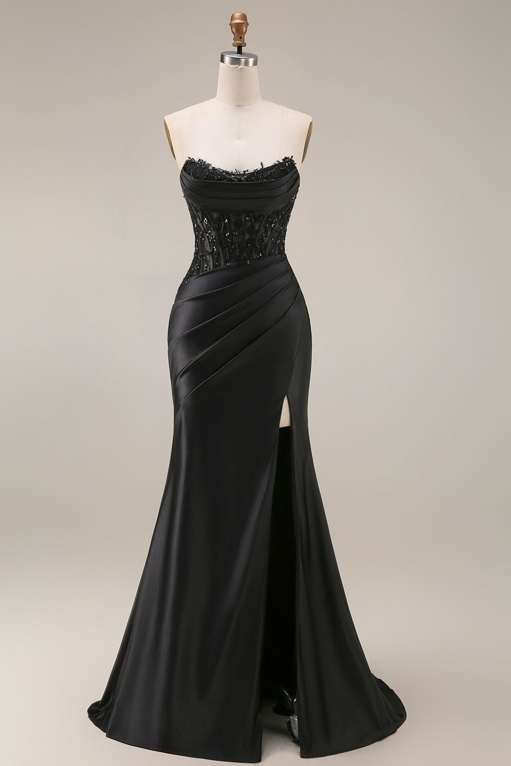 Black Corset Ruched Mermaid Long Beaded Strapless Prom Dress with Lace