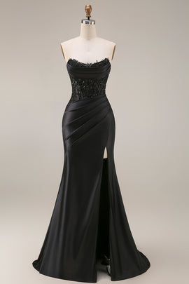 Black Corset Ruched Mermaid Long Beaded Strapless Prom Dress with Lace