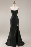 Black Corset Ruched Mermaid Long Beaded Strapless Prom Dress with Lace