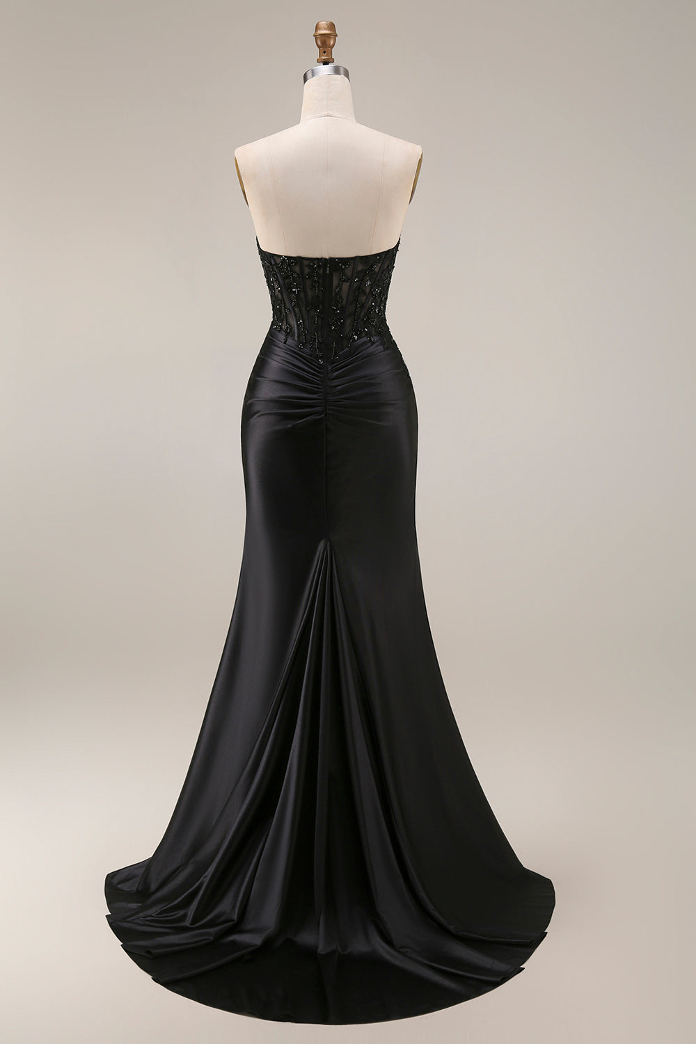 Black Corset Ruched Mermaid Long Beaded Strapless Prom Dress with Lace