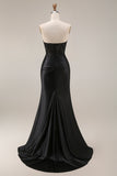 Black Corset Ruched Mermaid Long Beaded Strapless Prom Dress with Lace