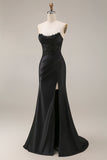 Black Corset Ruched Mermaid Long Beaded Strapless Prom Dress with Lace