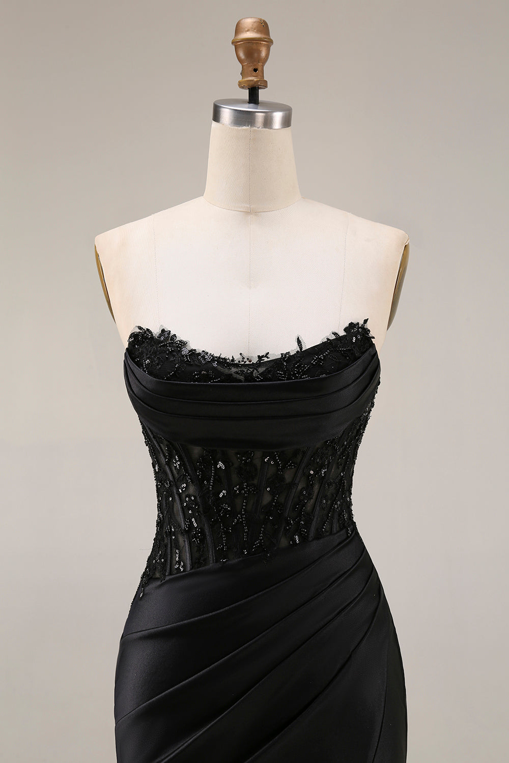 Black Corset Ruched Mermaid Long Beaded Strapless Prom Dress with Lace