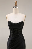 Black Corset Ruched Mermaid Long Beaded Strapless Prom Dress with Lace