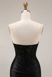Black Corset Ruched Mermaid Long Beaded Strapless Prom Dress with Lace