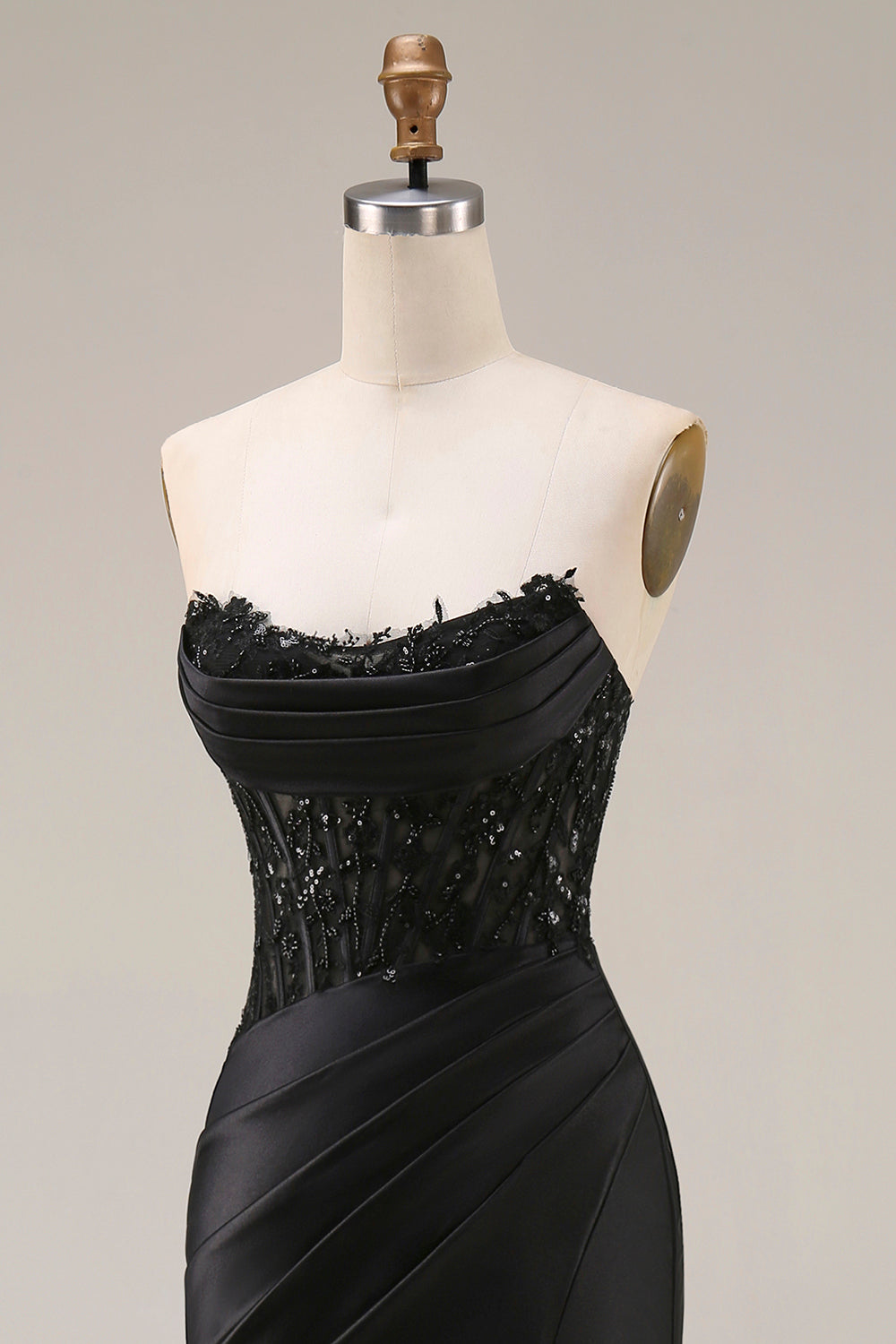 Black Corset Ruched Mermaid Long Beaded Strapless Prom Dress with Lace