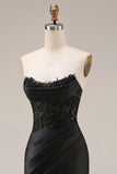 Black Corset Ruched Mermaid Long Beaded Strapless Prom Dress with Lace