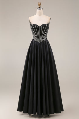 A Line Black Corset Long Strapless Prom Dress with Beading
