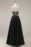A Line Black Corset Long Strapless Prom Dress with Beading