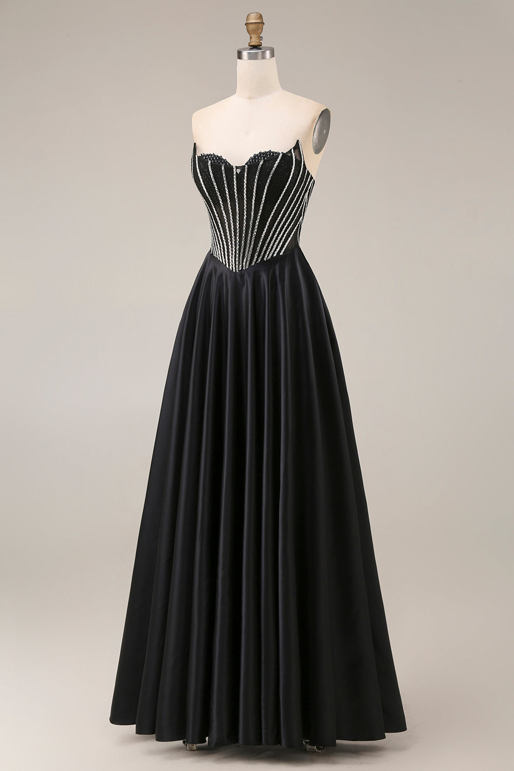 A Line Black Corset Long Strapless Prom Dress with Beading
