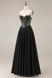 A Line Black Corset Long Strapless Prom Dress with Beading