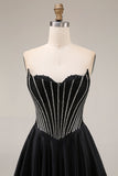 A Line Black Corset Long Strapless Prom Dress with Beading
