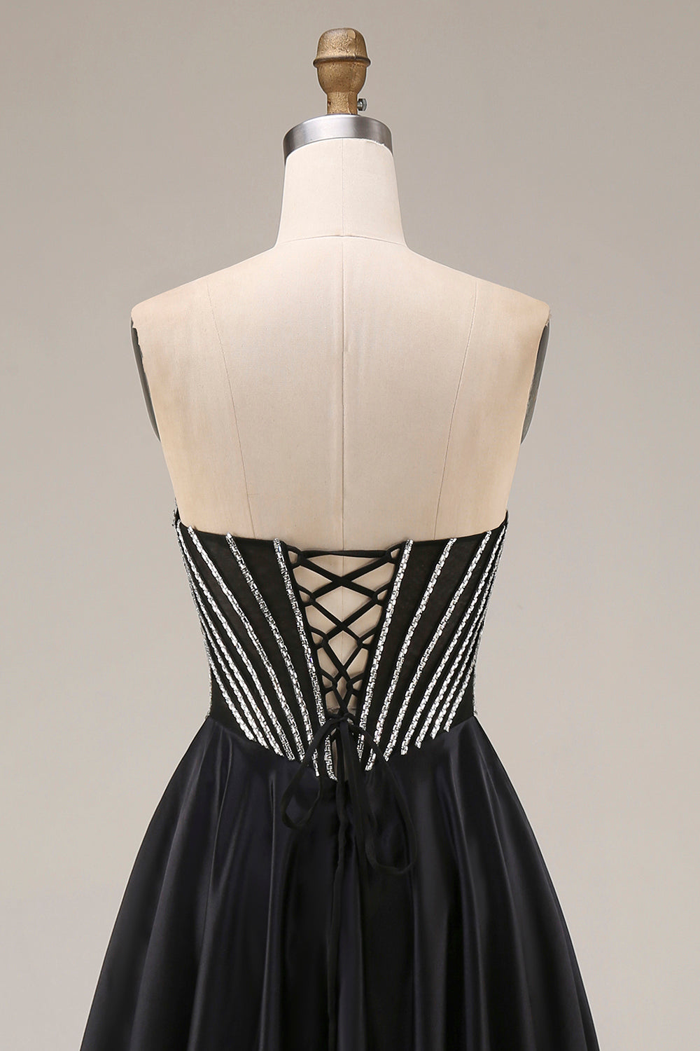 A Line Black Corset Long Strapless Prom Dress with Beading
